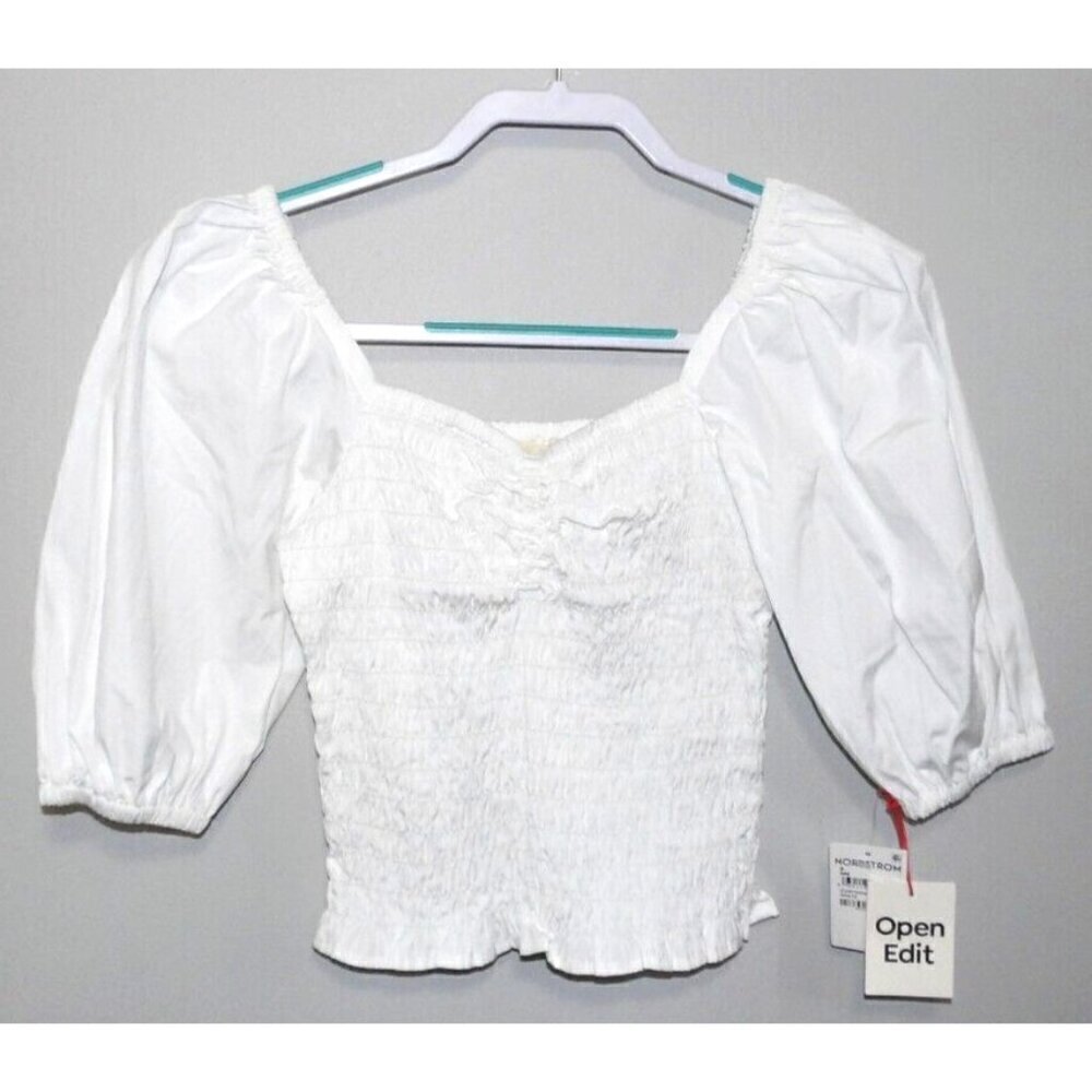 OPEN EDIT off-white 3/4 puff sleeve crop top 100% cotton women's size S, NEW
